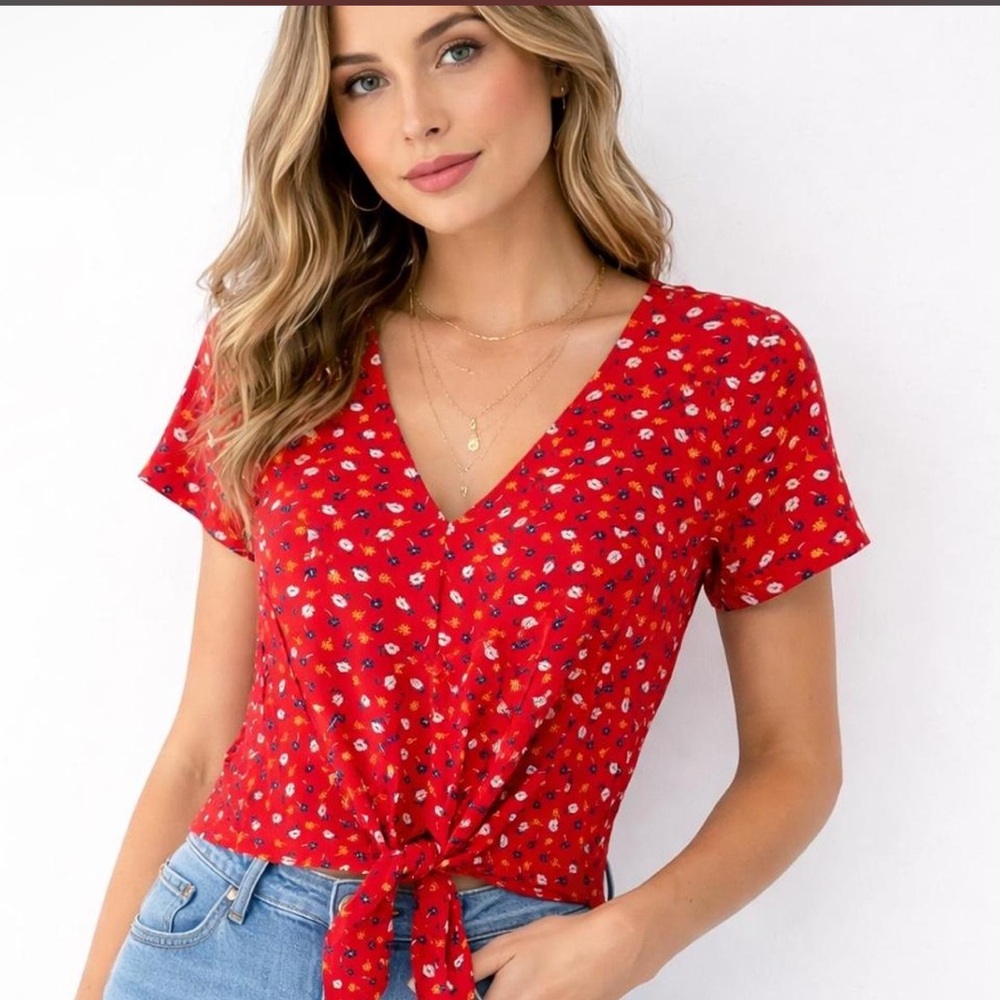 Madewell Red Floral V-Neck Blouse